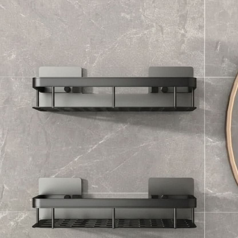 Adhesive No-Drill Bathroom Shelf | Black or Silver, 10 Style & Size Options | Wall-Mount Shower Storage Organizer