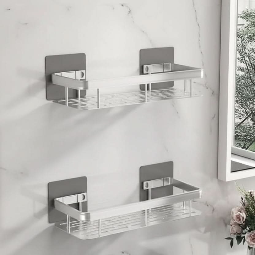Adhesive No-Drill Bathroom Shelf | Black or Silver, 10 Style & Size Options | Wall-Mount Shower Storage Organizer