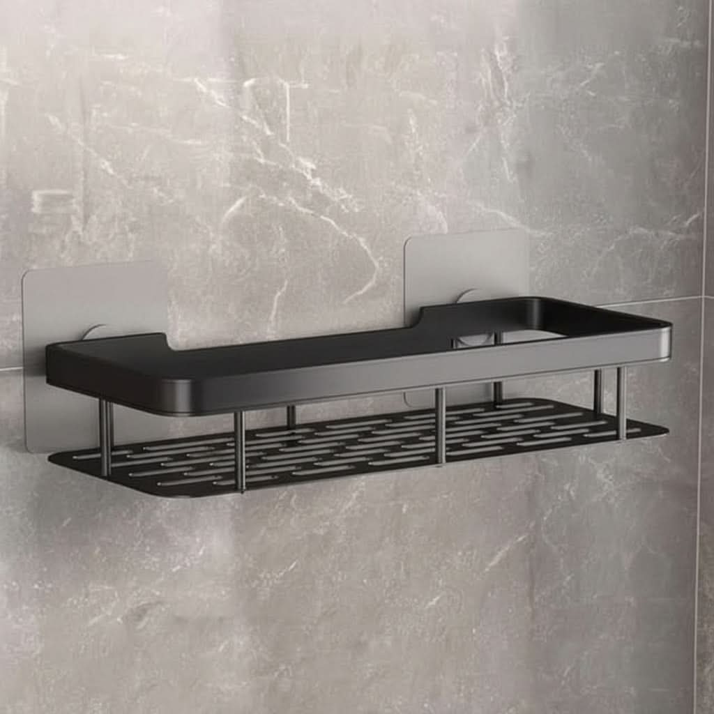 Adhesive No-Drill Bathroom Shelf | Black or Silver, 10 Style & Size Options | Wall-Mount Shower Storage Organizer