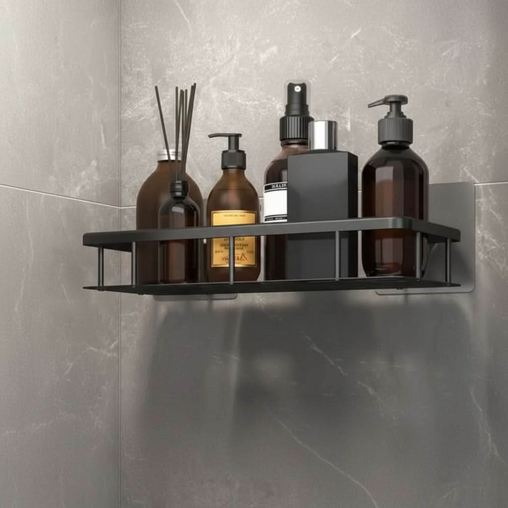Adhesive No-Drill Bathroom Shelf | Black or Silver, 10 Style & Size Options | Wall-Mount Shower Storage Organizer