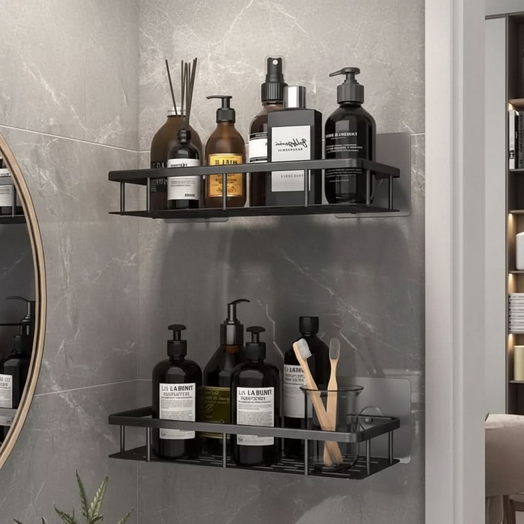 Adhesive No-Drill Bathroom Shelf | Black or Silver, 10 Style & Size Options | Wall-Mount Shower Storage Organizer