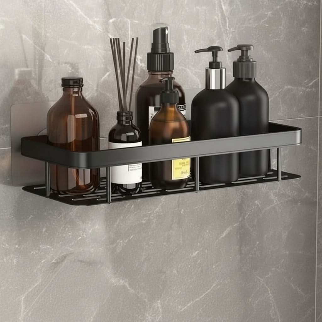 Adhesive No-Drill Bathroom Shelf | Black or Silver, 10 Style & Size Options | Wall-Mount Shower Storage Organizer