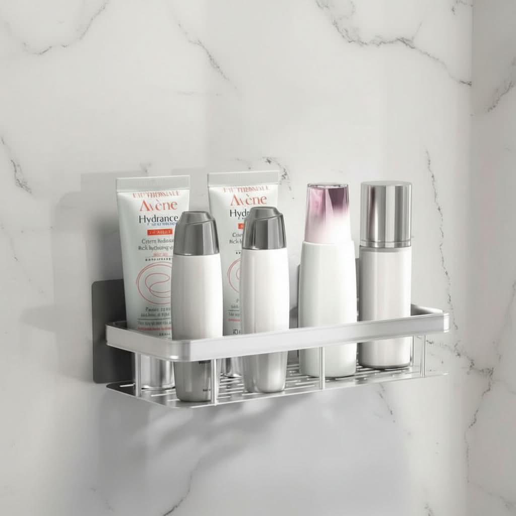 Adhesive No-Drill Bathroom Shelf | Black or Silver, 10 Style & Size Options | Wall-Mount Shower Storage Organizer