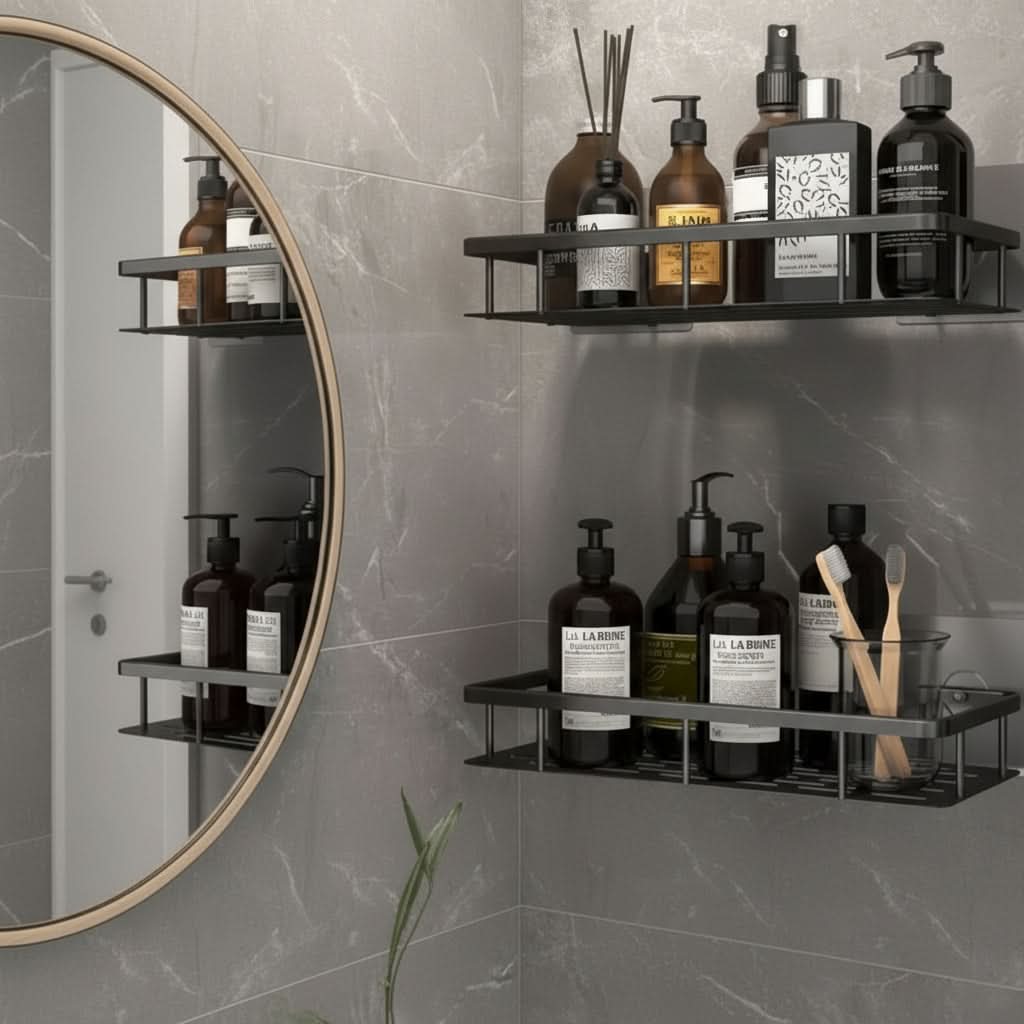 Adhesive No-Drill Bathroom Shelf | Black or Silver, 10 Style & Size Options | Wall-Mount Shower Storage Organizer