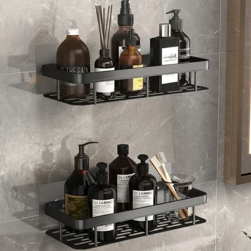 Adhesive No-Drill Bathroom Shelf | Black or Silver, 10 Style & Size Options | Wall-Mount Shower Storage Organizer