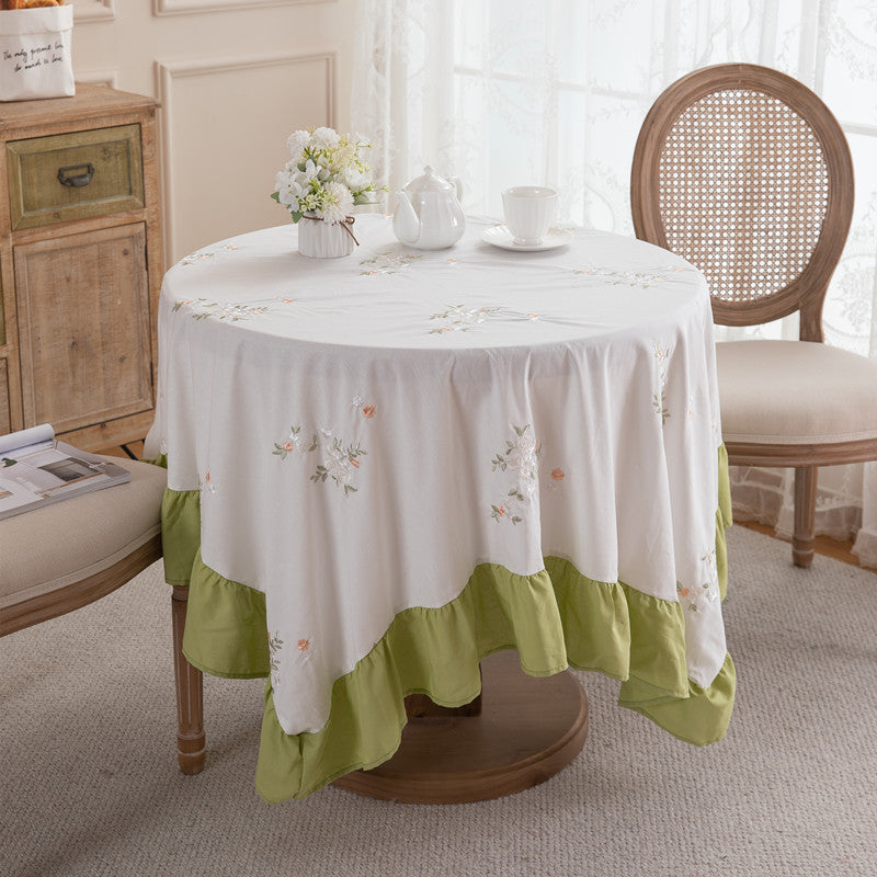 Embroidered Floral Tablecloth with Ruffled Hem | Machine Washable Table Cover for Everyday Dining | 59 x 39 in