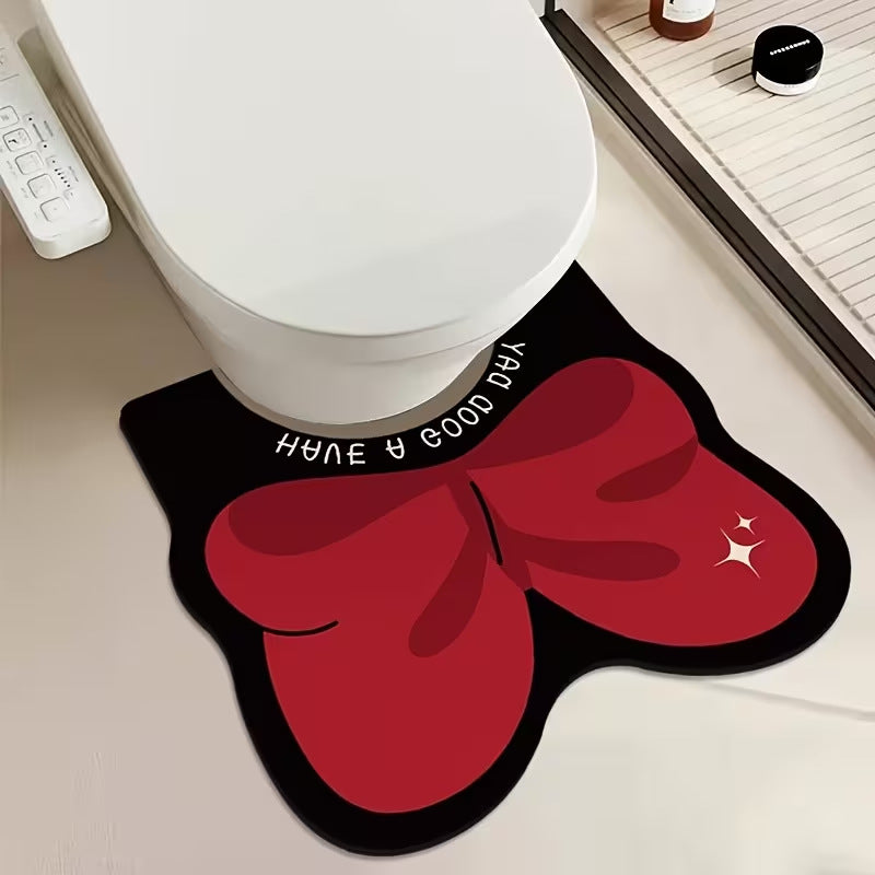 U-Shaped Toilet Rug with Bow Design | Soft Non-Slip Bathroom Mats, Machine Washable | One Size in Red