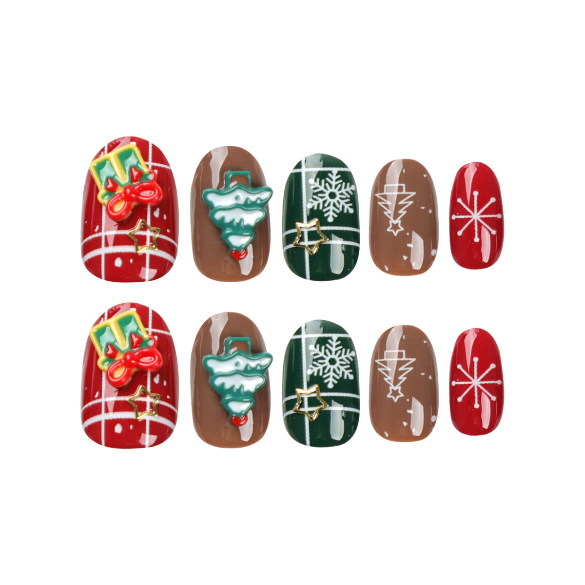 Christmas Plaid Nails with Tree and Gift Art | Short Round Press On Tips | Red, Green and Taupe Festive Shades