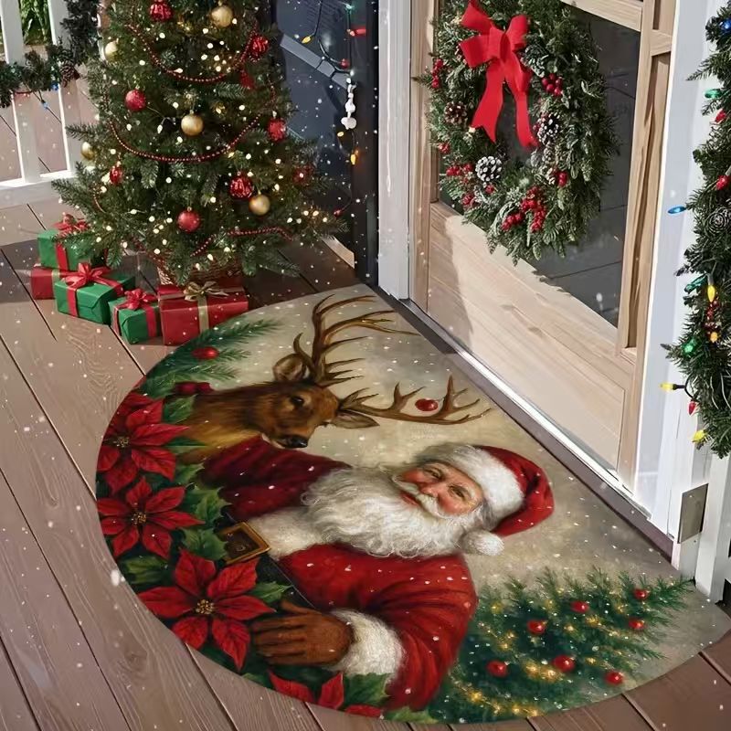 Christmas Door Mat with Reindeer and Santa Hat Design | Non-Slip Weather Resistant Fibers | Festive Entryway Decor for Patios