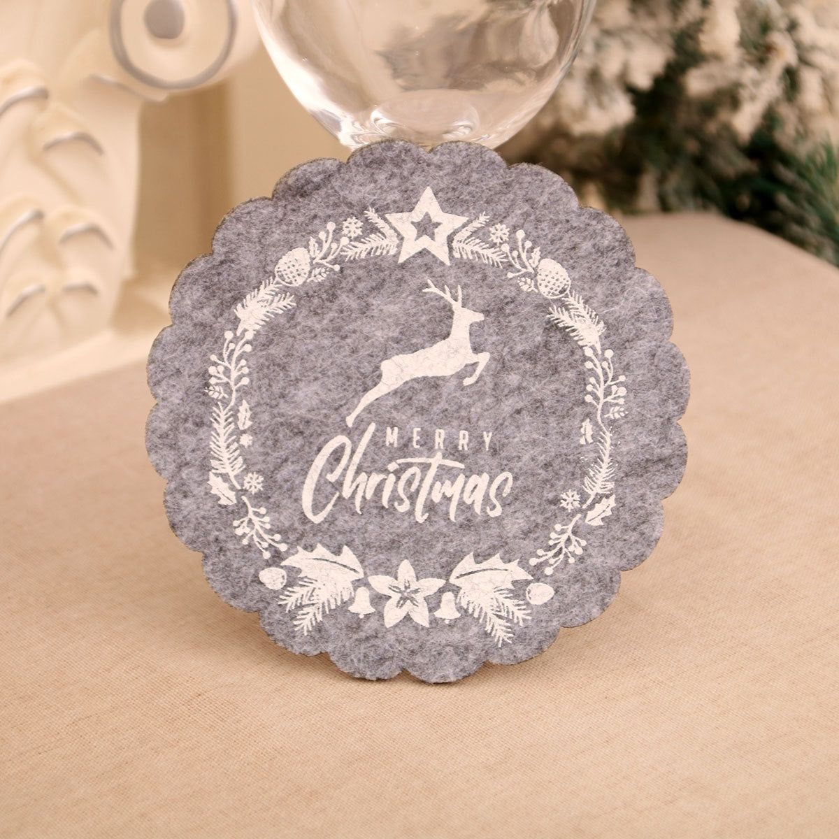 Felt Christmas Table Mats with Scalloped Edges and Merry Print | Round Placemats and Coasters, Two Colorways | Wipe Clean Decorations