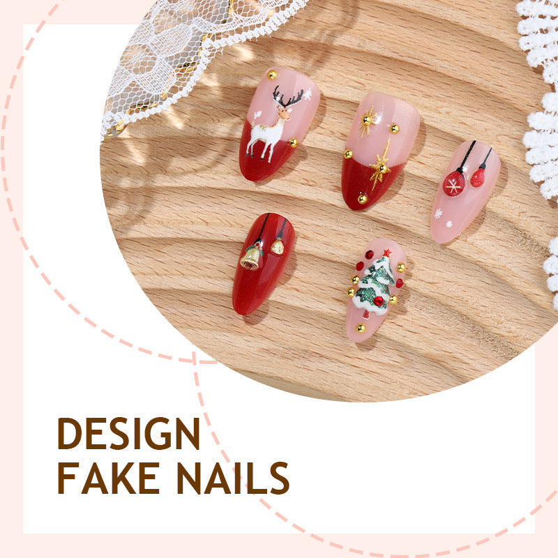 Snowflake Nails with Christmas Tree and Glitter Accents | Press On Fingernails in Mixed Sizes | Festive Manicure