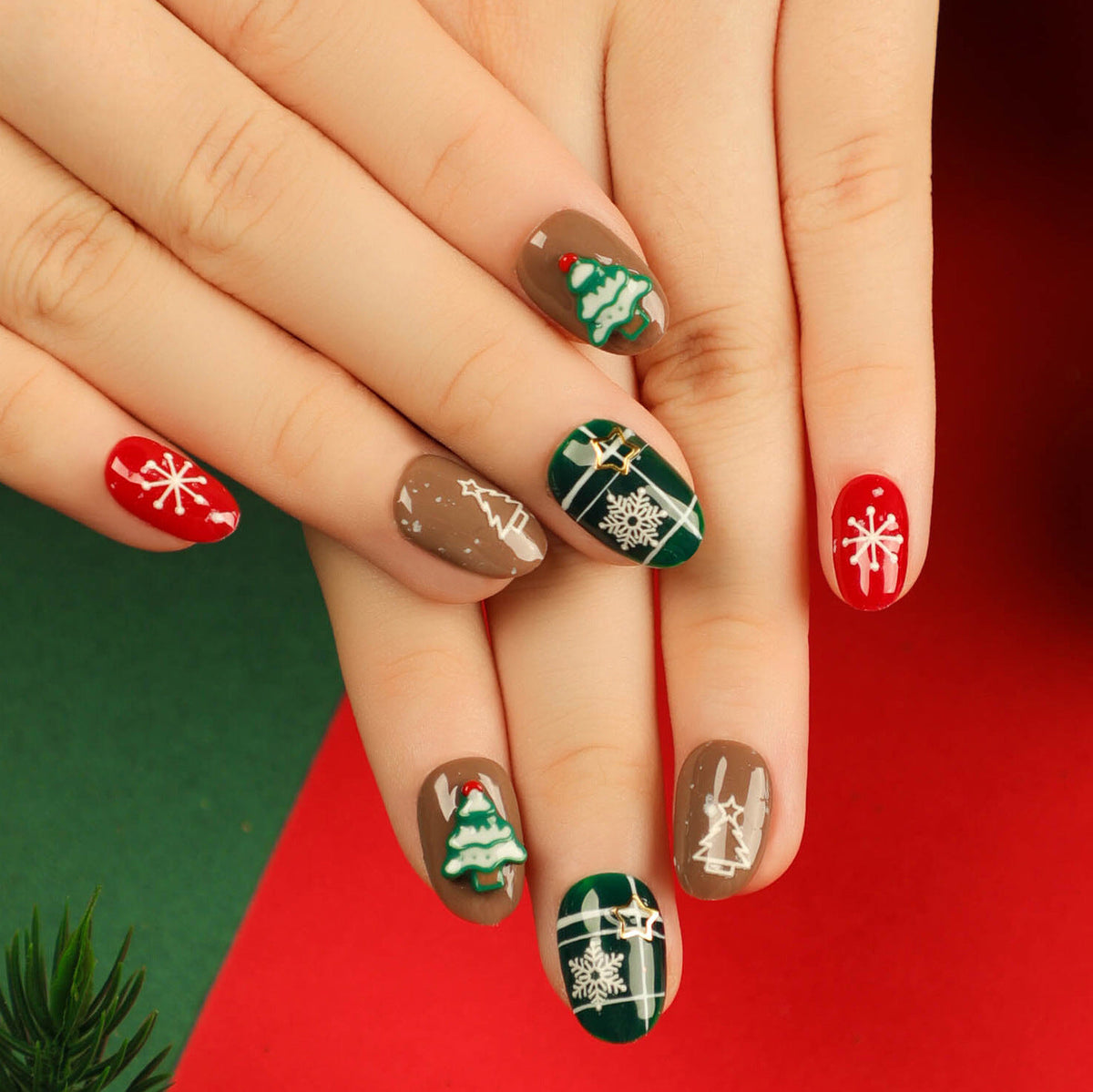 Christmas Plaid Nails with Tree and Gift Art | Short Round Press On Tips | Red, Green and Taupe Festive Shades