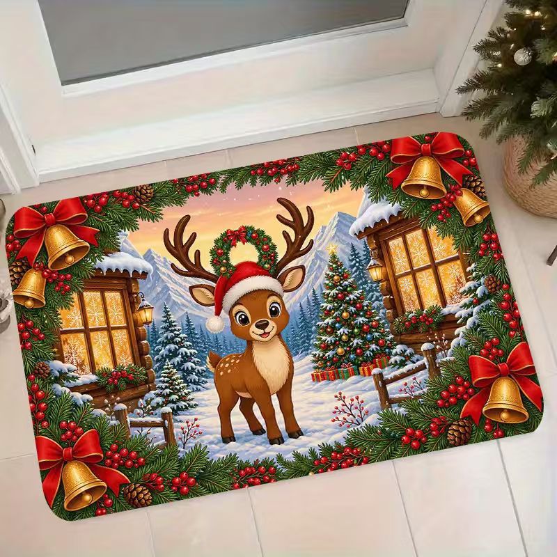 Christmas Door Mat with Reindeer and Santa Hat Design | Non-Slip Weather Resistant Fibers | Festive Entryway Decor for Patios