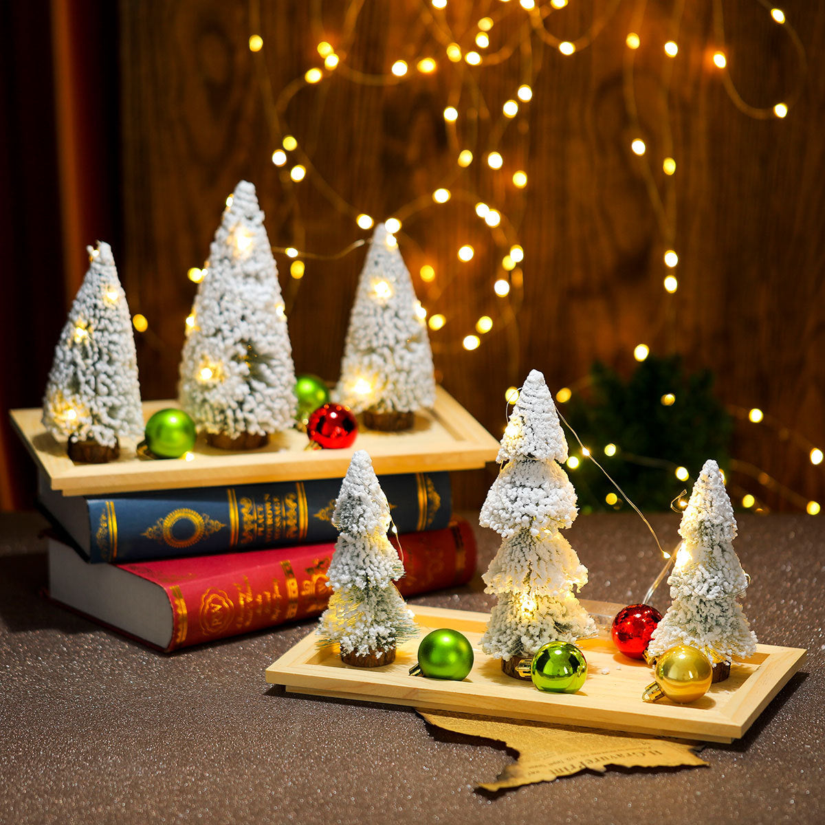 Faux Christmas Tree Trio with Snow Dusted Branches | Warm LED Glow, No Assembly Needed | White or Pink Miniature Table Decor