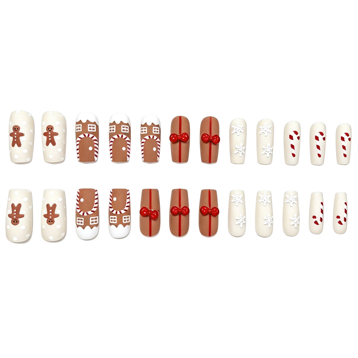 Gingerbread Nails with Candy Cane and Bow Art | Long Coffin Tips in Nude and White | Salon Quality Finish at Home