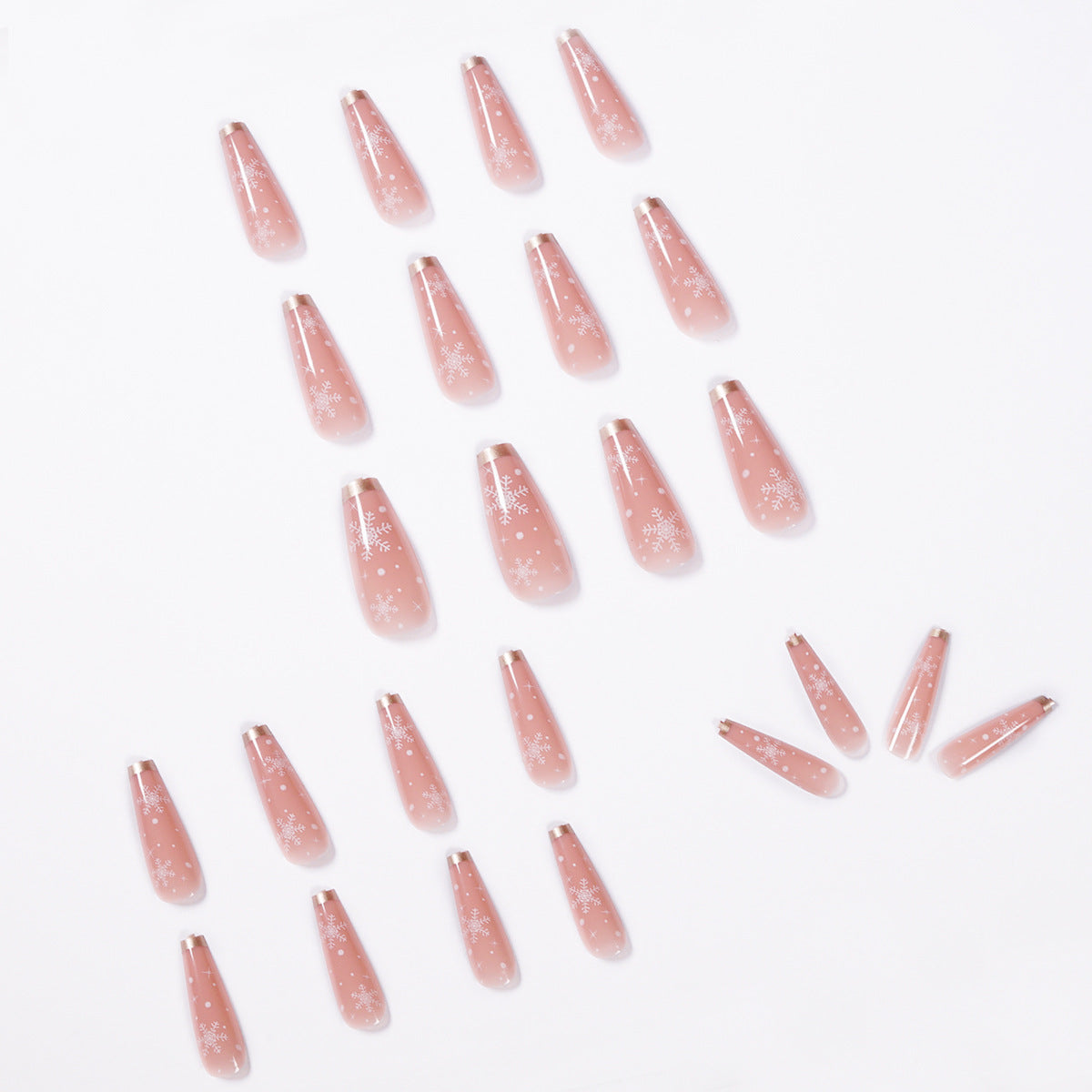 Snowflake Christmas Press-On Nails in Sheer Nude Pink | Long Coffin Tips with White Detail | Salon Look at Home