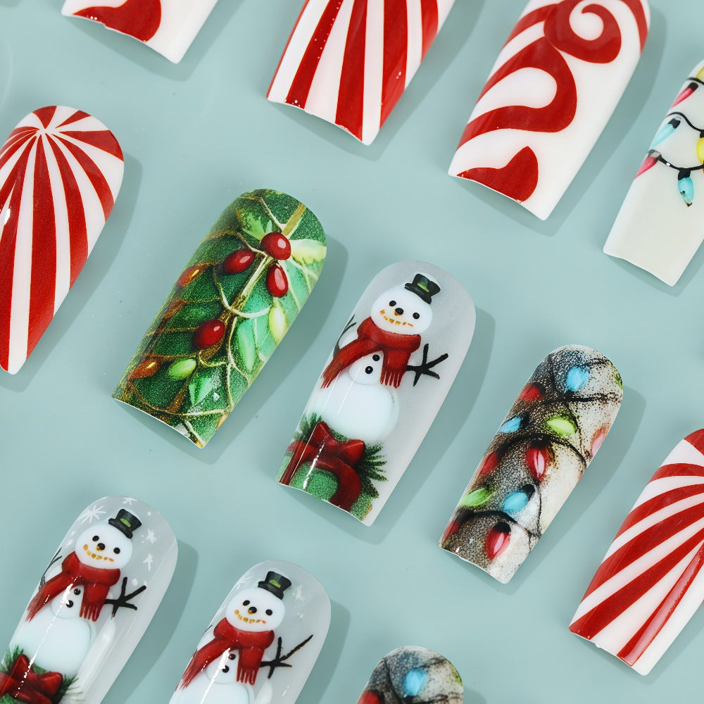 Candy Cane and Snowman Christmas Nails | 24 Glossy Press On Fingernails | Adhesive Tabs for Festive Winter Parties