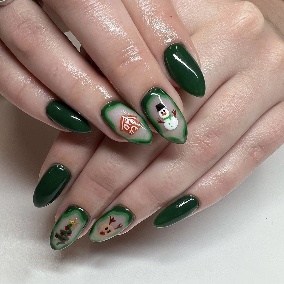 Snowman Reindeer and Tree Christmas Nails | Glossy Press On Nail Designs | Festive Winter Manicure for Home Parties