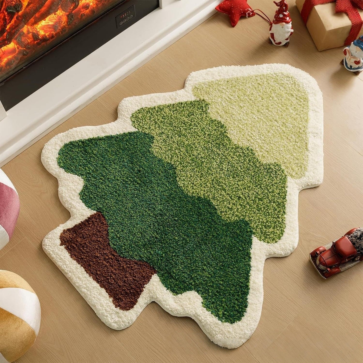 Christmas Tree Shaped Rug with Candy Cane and Snowflake Print | Soft Fibers Underfoot | Living Room and Entryway Mat