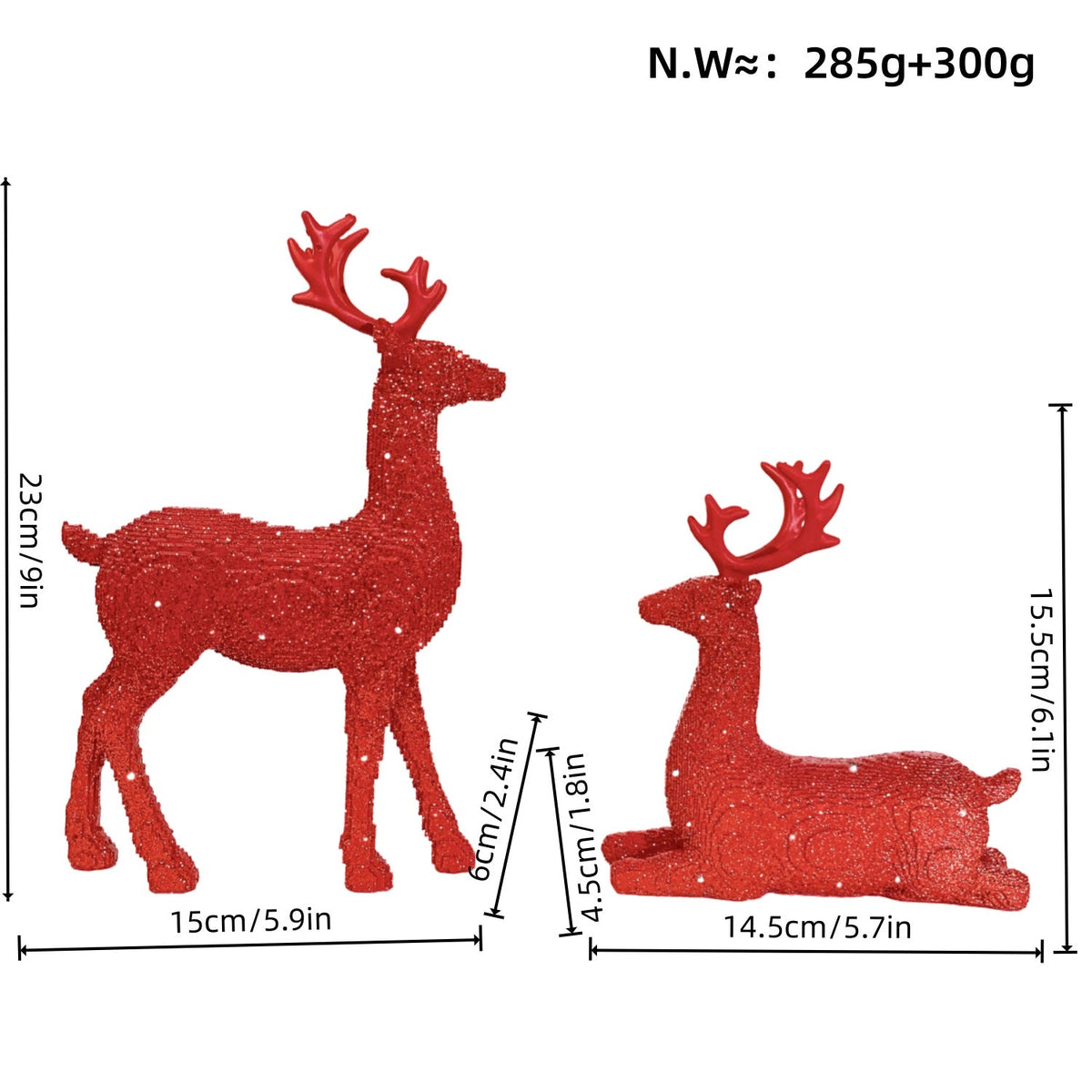 Reindeer Christmas Figurine Set of Two in Glitter Resin | 30 cm and 15.5 cm Tall Deer Decor | Silver, Red or Gold
