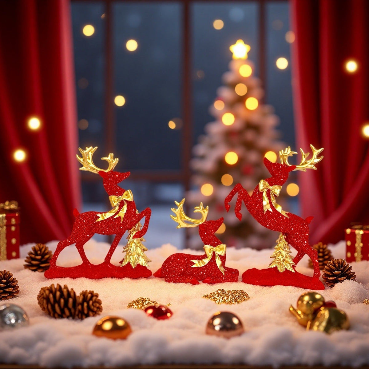 Reindeer Figurine with Glitter Accents and a Festive Bow | Christmas Deer Decor in Gold, Silver, White or Red | Holiday Sculpture