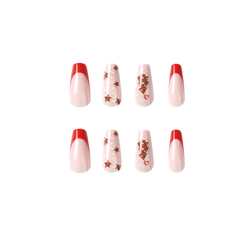 Christmas French Tip Nails in Nude and Red | Long Press On Set with Tree and Star Art | Glitter Accents, Salon Look