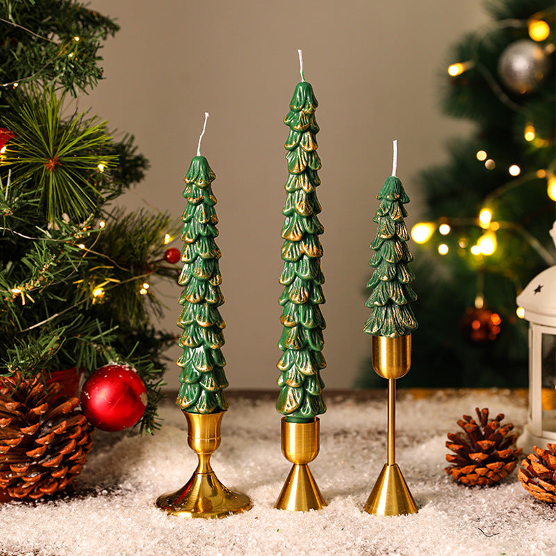 Sculpted Pine Christmas Tree Candles with Brass Finish Holders | Trio Set in Graduated Heights | Festive Table Centerpieces