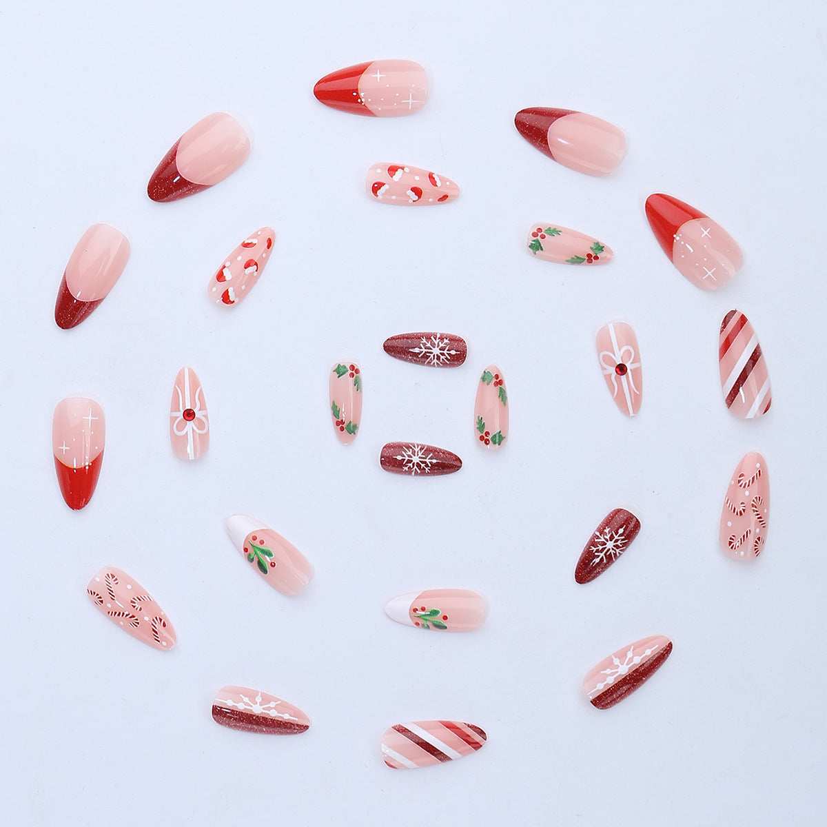 Candy Cane Nails with Christmas Snowflake Motifs | Glossy Press On Nail Designs | Festive Winter Manicure Kit for Home