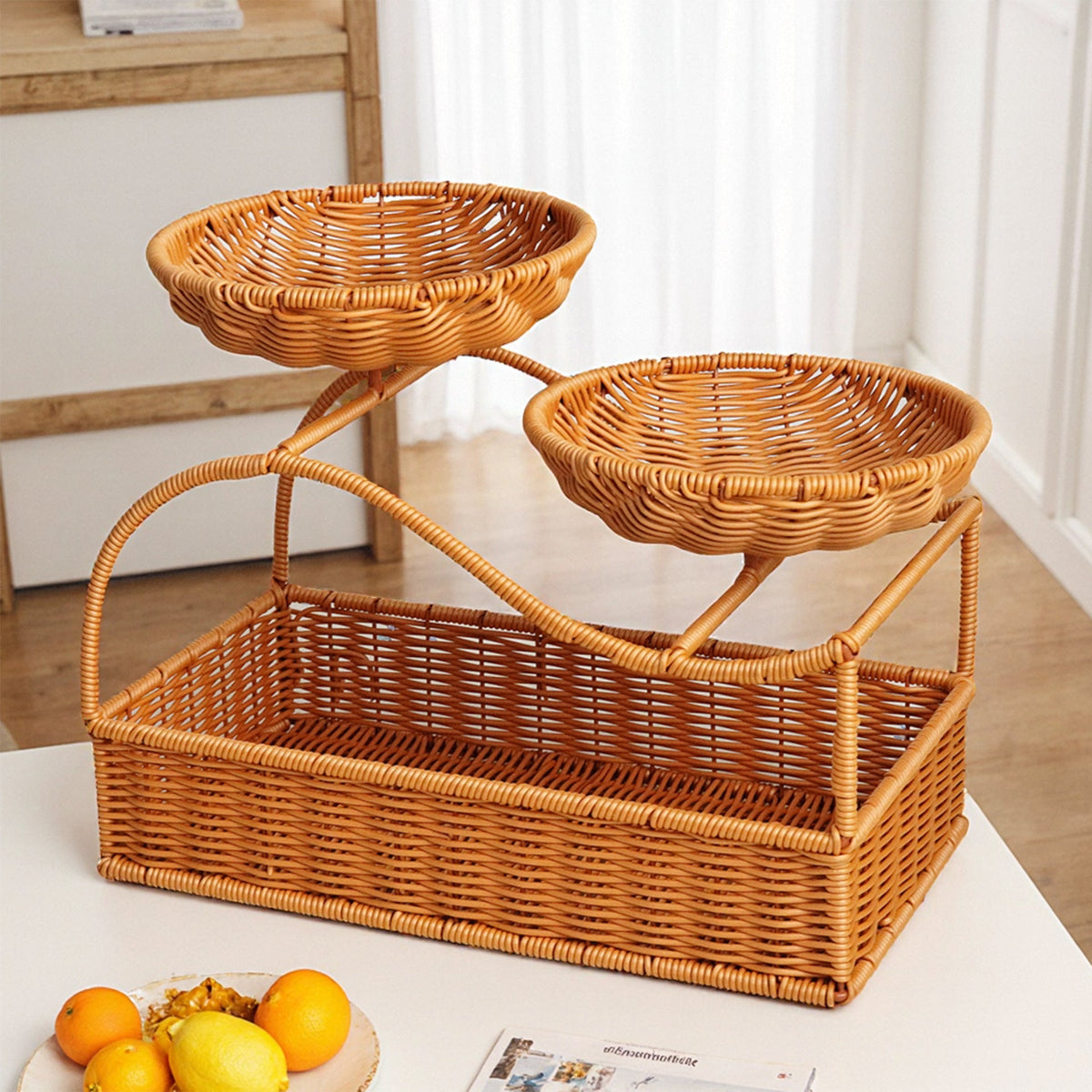 Two-Tier Fruit Basket in a Woven Rattan Look | Kitchen Organizers with a Carry Handle for the Counter | 2 Colors