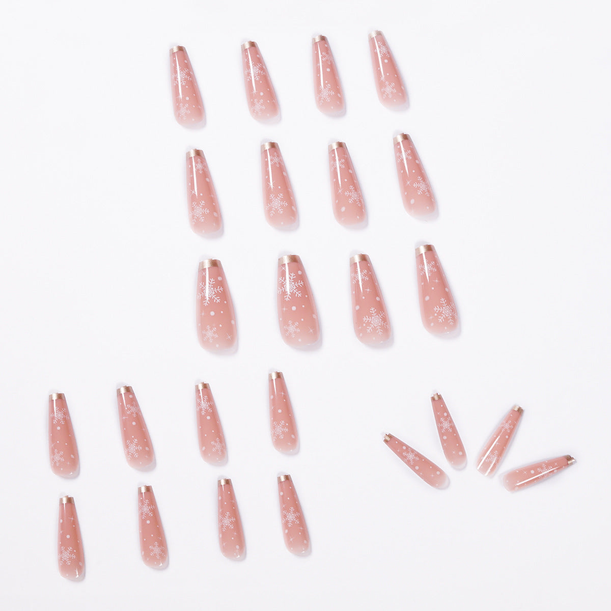 Snowflake Christmas Press-On Nails in Sheer Nude Pink | Long Coffin Tips with White Detail | Salon Look at Home