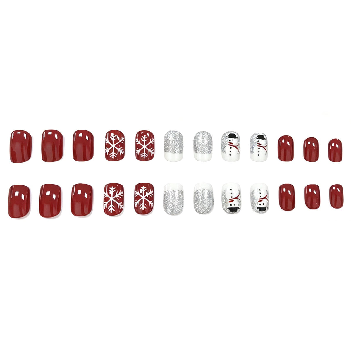 Snowman Christmas Nails in White and Silver Glitter | Press-On Set with Snowflake Detail | Vibrant Color That Lasts