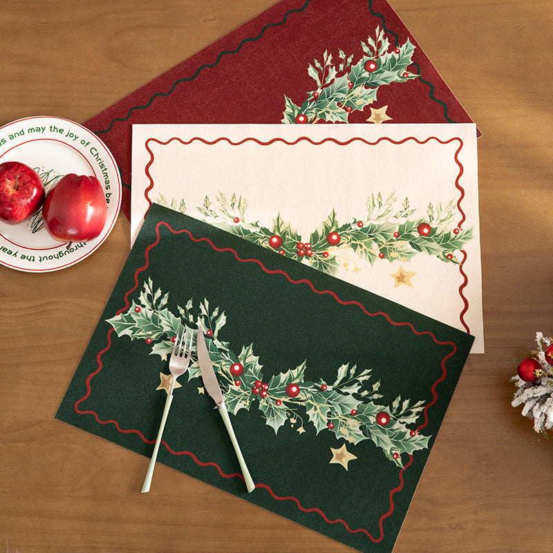 Christmas Placemat Set with Merry Lettering and Holly Accents | Red and Green Scalloped Table Mats | Flat Wipe Clean Decorations