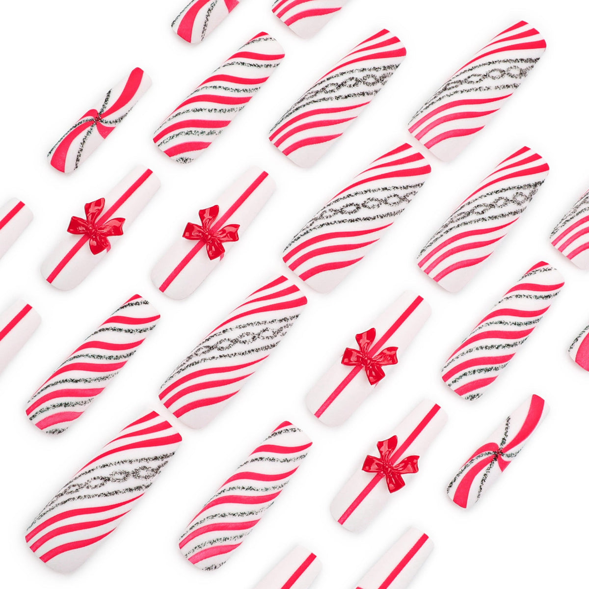 Candy Cane Christmas Press-On Nails in Red and White | Bow and Silver Accent Tips | Durable Acrylic for Festive Parties