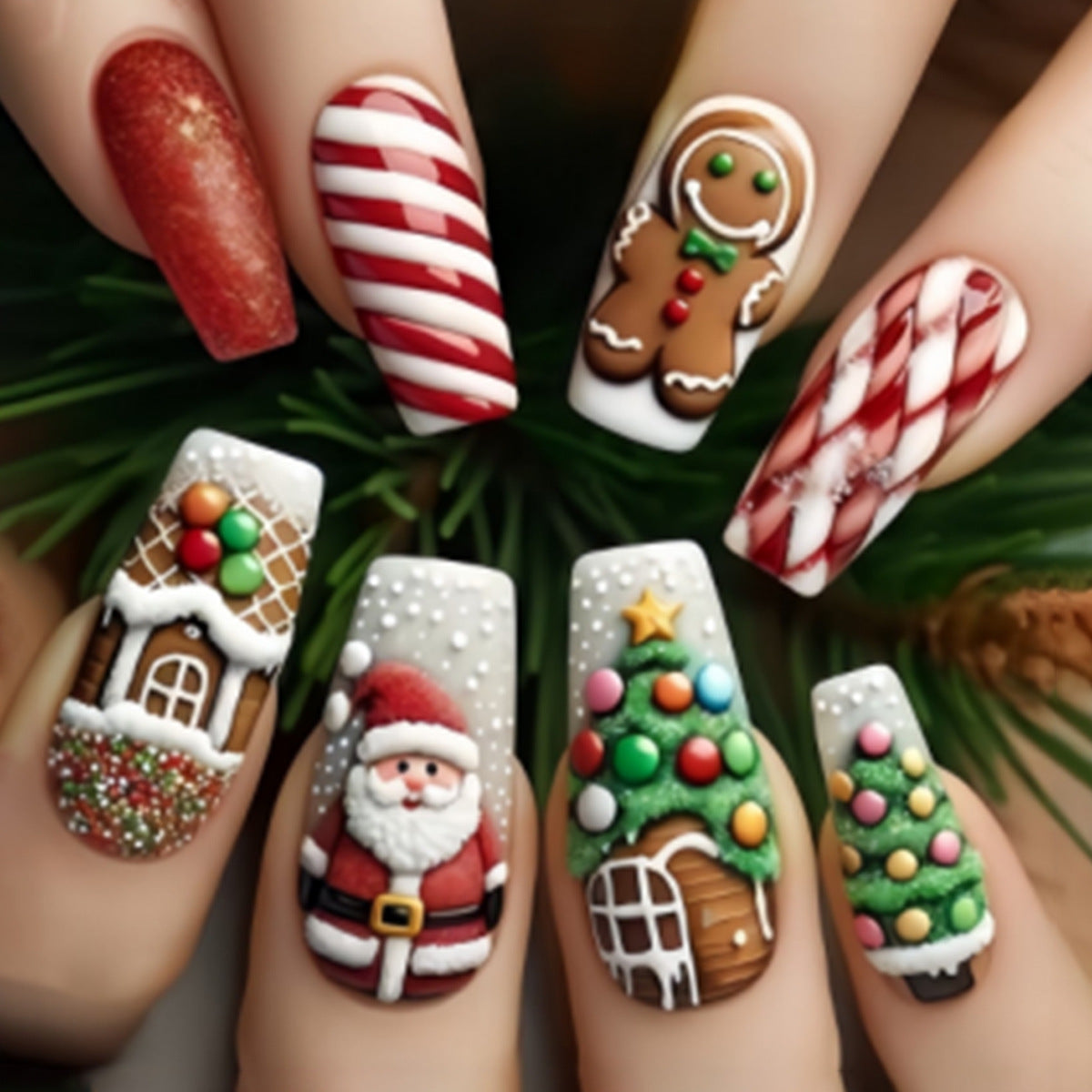 Gingerbread and Candy Cane Christmas Nails | Glossy Press On Nail Designs with Santa Motifs | Festive Winter Manicure