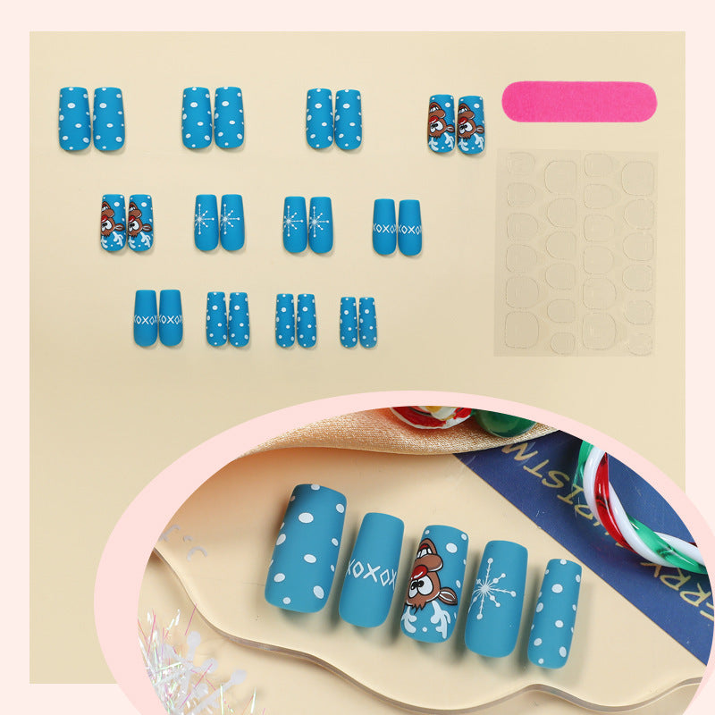 Reindeer Christmas Nails with Snowflake Motifs | Glossy Press On Nail Designs | Festive Winter Manicure for Parties