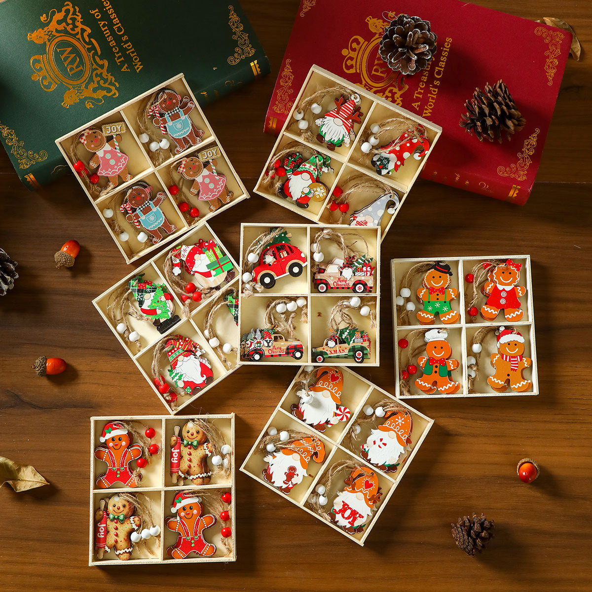 Gnome Christmas Ornaments Set with String Included | Hang on Trees, Wreaths or Gift Tags | Lightweight Wooden Decorations