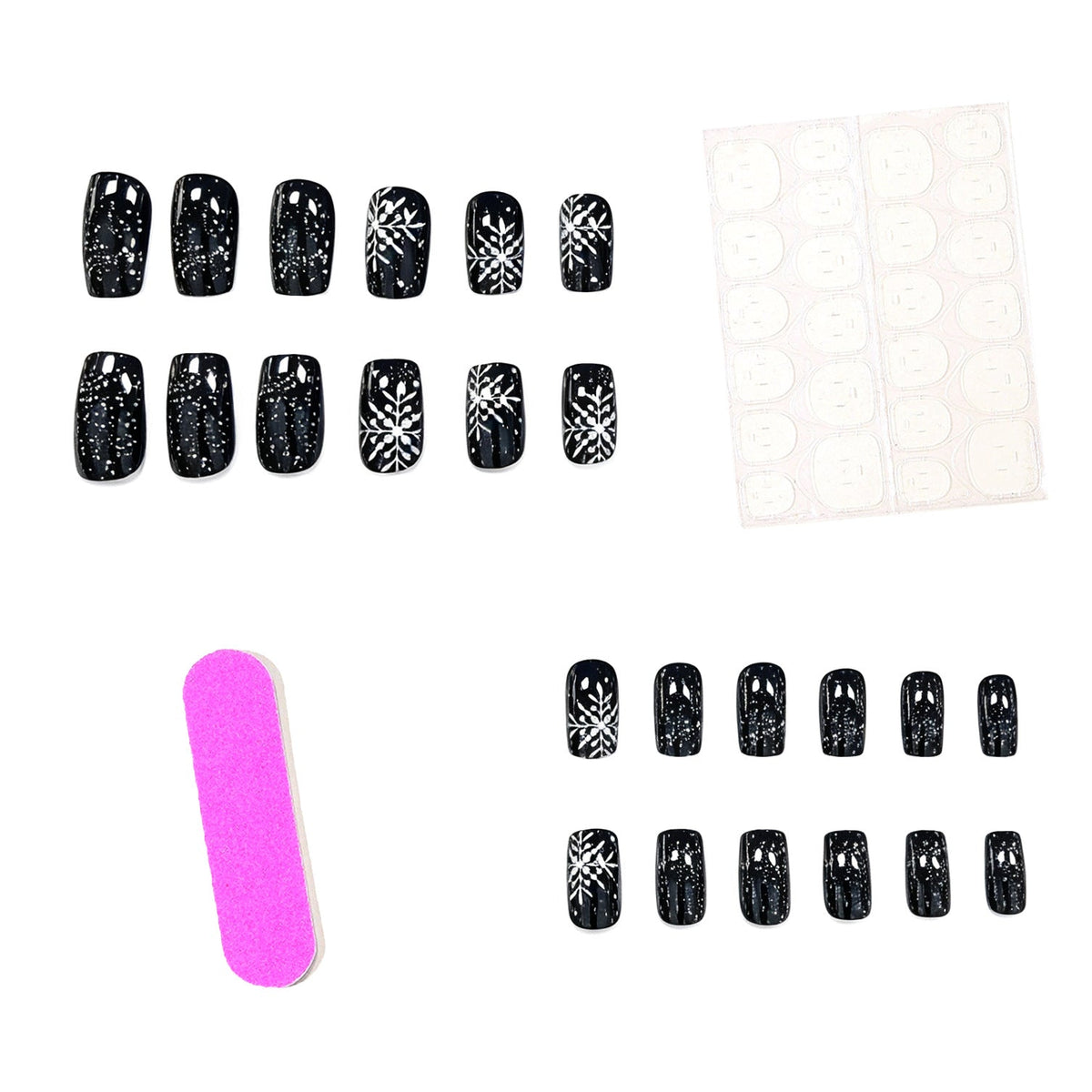 Black Christmas Nails with White Snowflake Art | Long Press-On Tips in a Glossy Finish | Elegant Pick for Winter Parties
