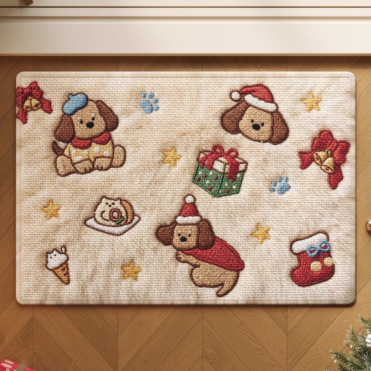 Gingerbread Christmas Door Mat with Snowflake Print | Non-Slip Weather Resistant Fibers | Indoor Outdoor Holiday Decor