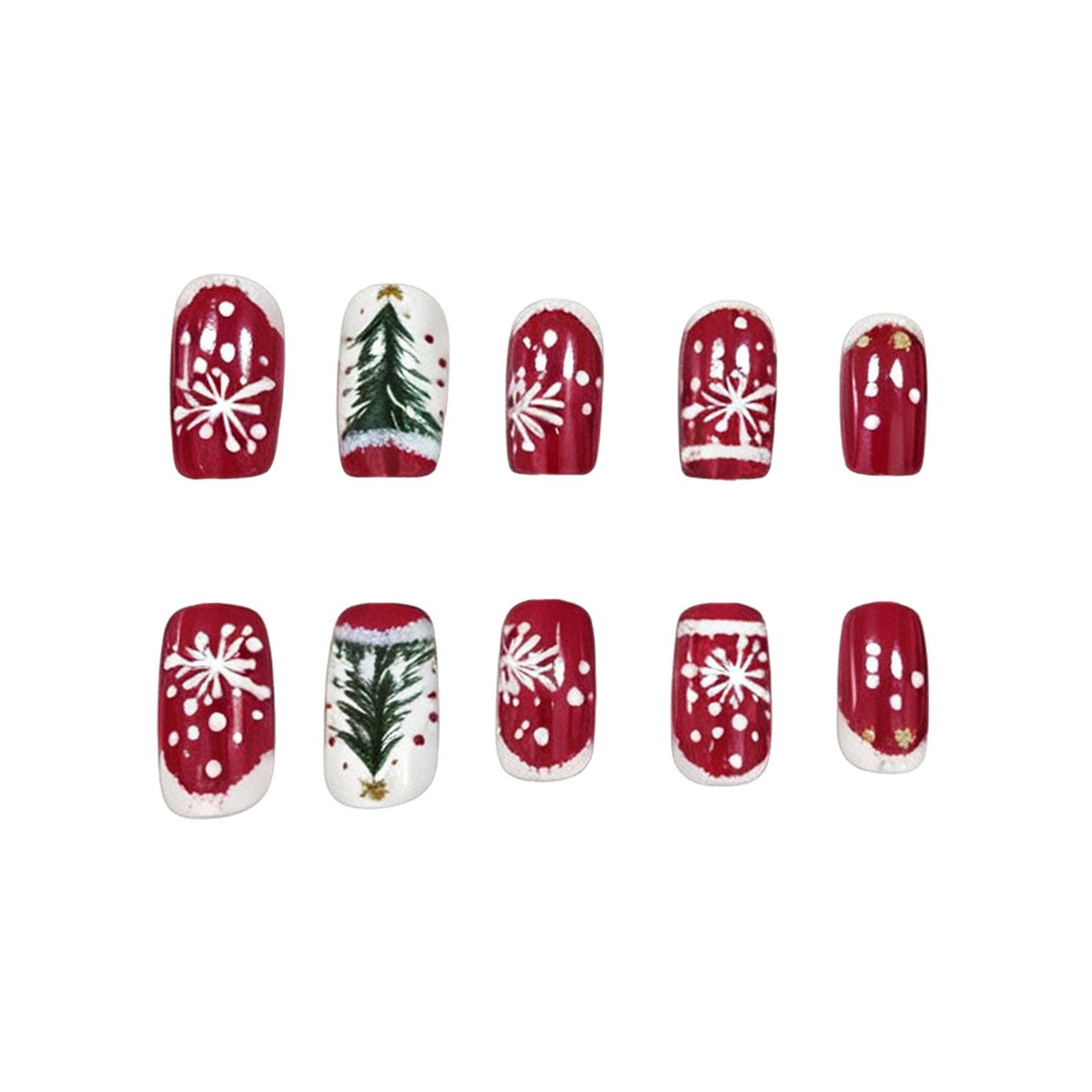 Christmas Tree Press-On Nails in Red and White | Snowflake and Dot Artwork | Chip-Resistant Tips for Holiday Parties