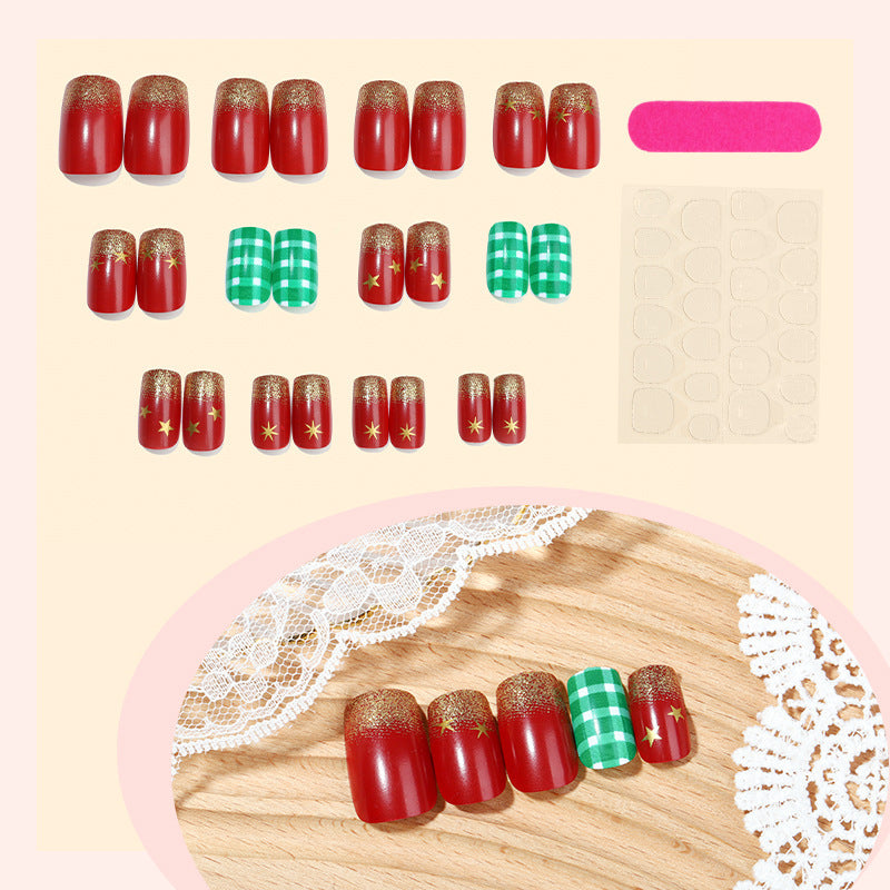 Green Plaid Christmas Nails with Gold Tips | Star Motif Press On Nail Designs | Festive Winter Manicure for Parties