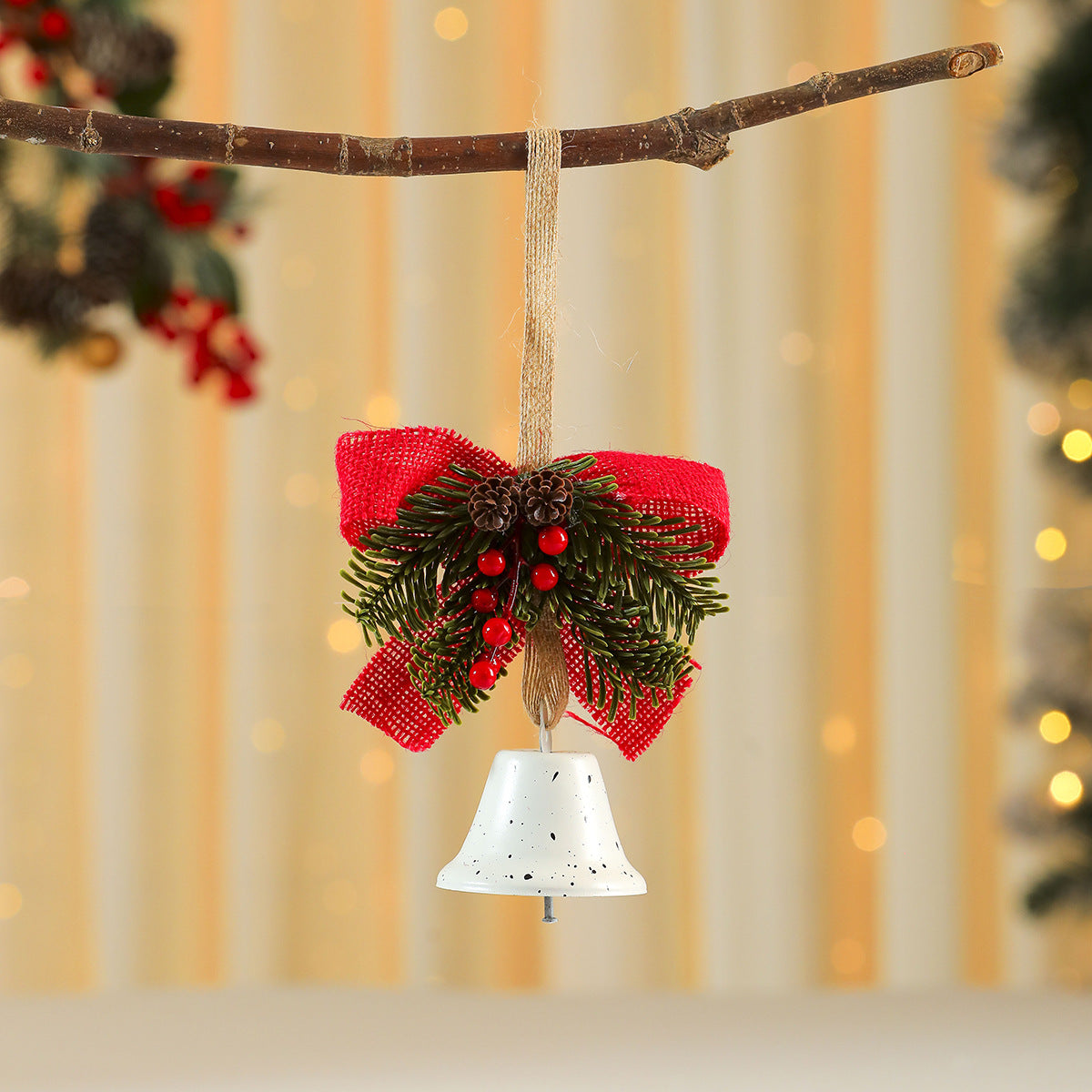 Christmas Ornaments with Bell, Red Bow and Faux Greenery Accent | Sturdy Cord for Tree or Door Hanging | Four Classic Colorways