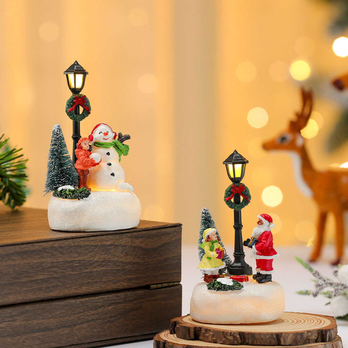 Christmas Village Figurines with LED Street Lamp | Snowman, Santa and Tree Scene | Resin Tabletop Holiday Decor