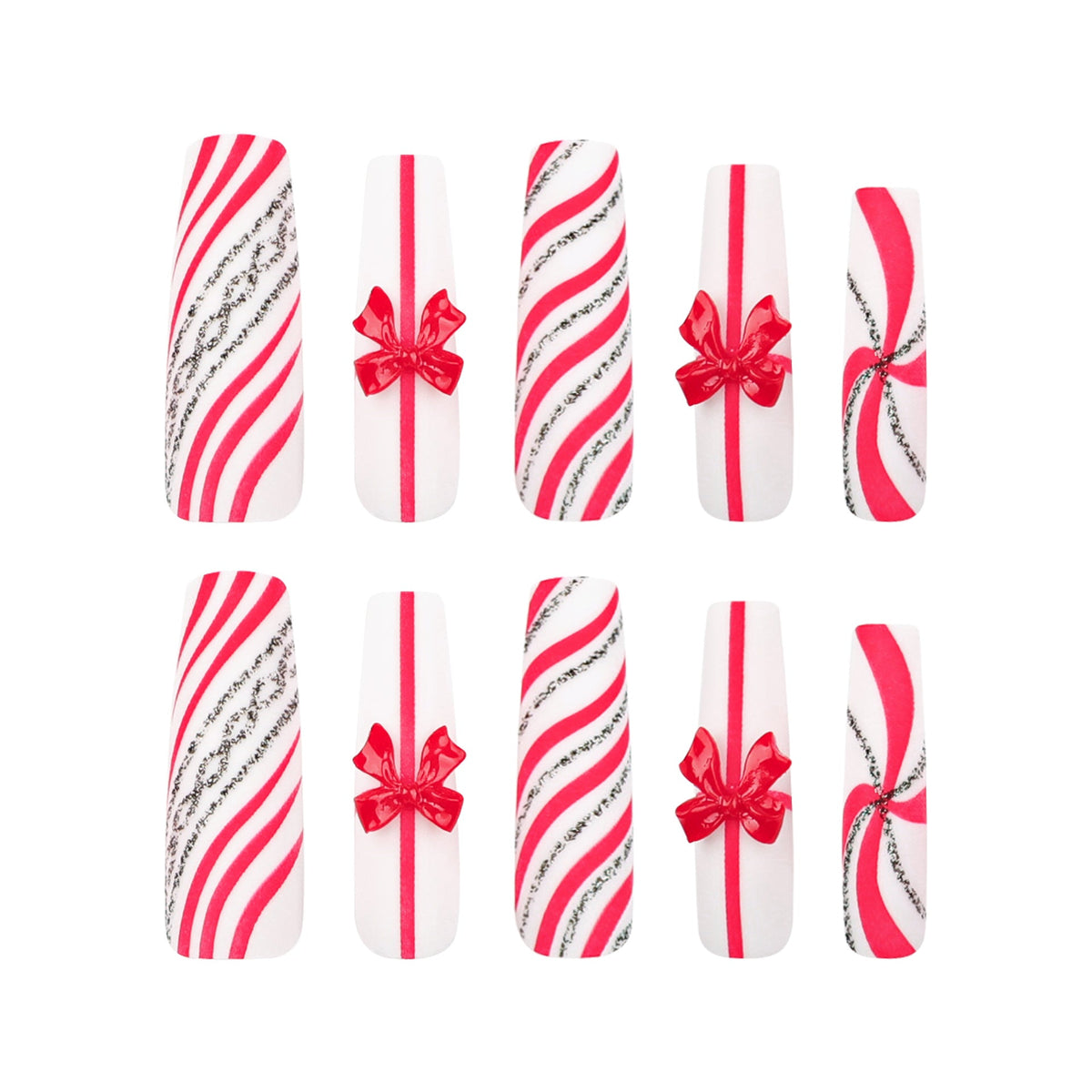 Candy Cane Christmas Press-On Nails in Red and White | Bow and Silver Accent Tips | Durable Acrylic for Festive Parties