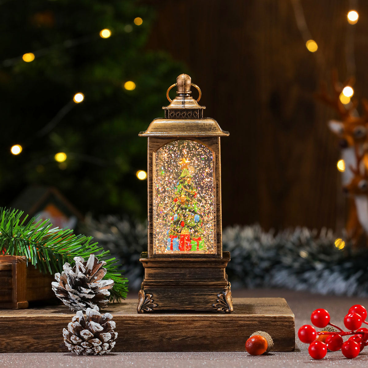 Musical Christmas Lanterns with a Santa and Reindeer Scene | Plays Classic Holiday Melodies | 12 in Tall Painted Tabletop Light