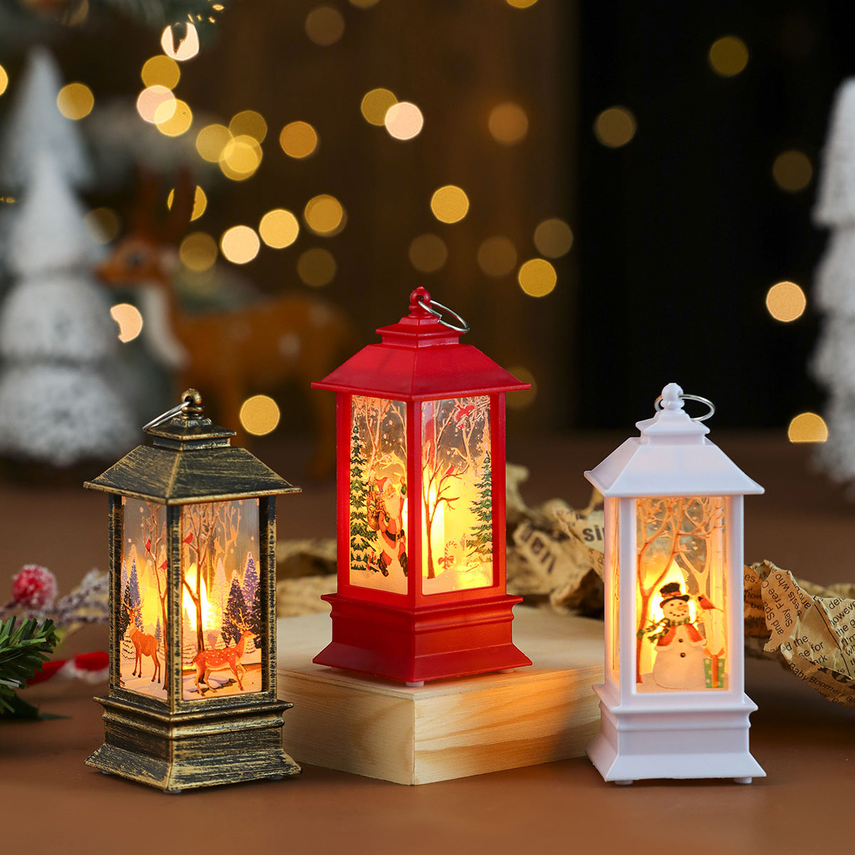 Snowman Scene Christmas Decorations in a Small Flame Lantern | Glittering Trees Around the Figure | Soft Glow for Tabletops