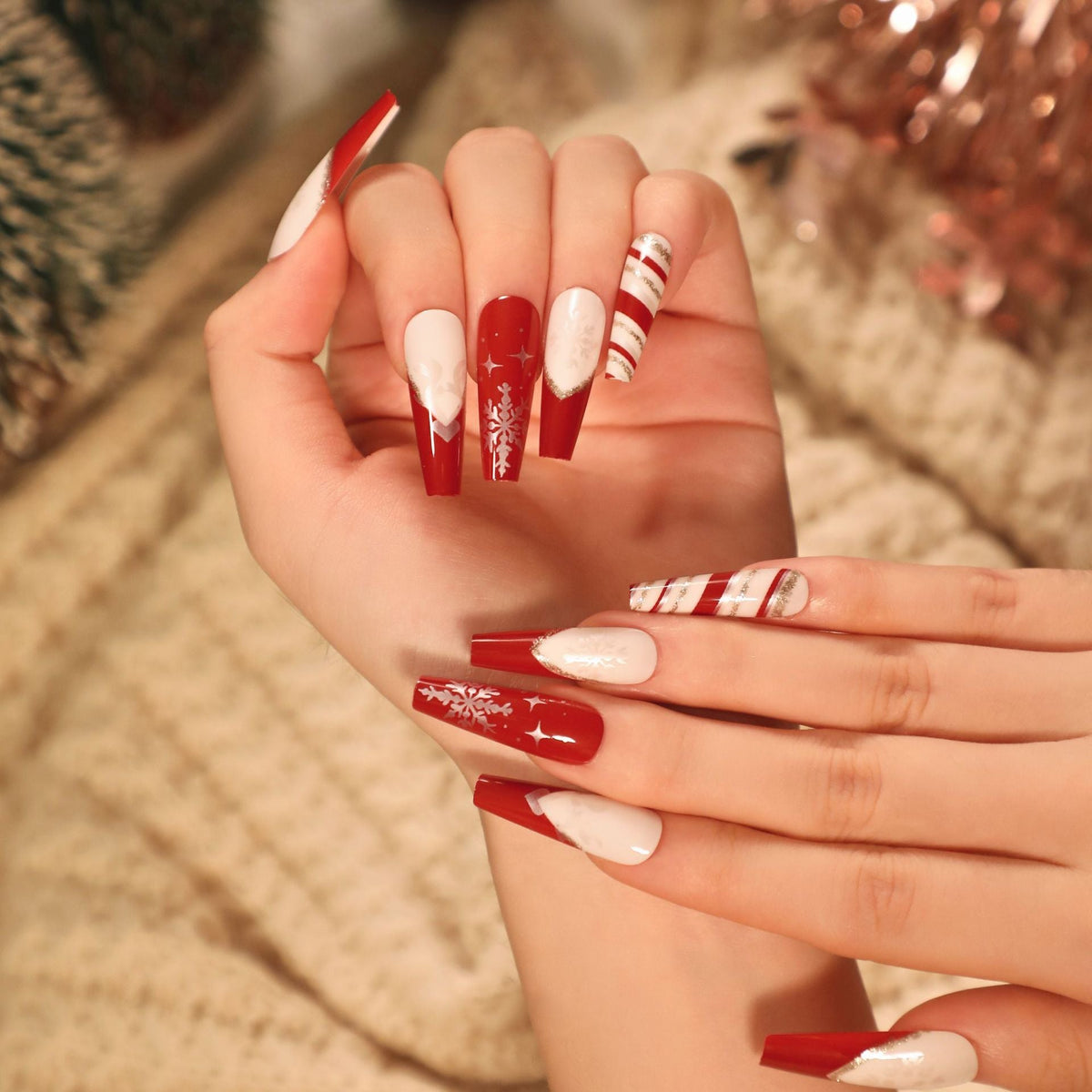 Candy Cane Nails in Deep Red and White | Long Coffin Press On Tips with Snowflake Art | Glitter Accents for Parties