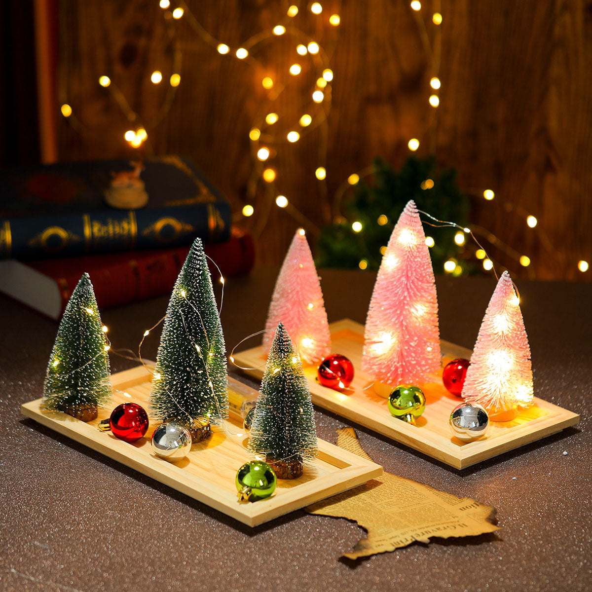 Faux Christmas Tree Trio with Snow Dusted Branches | Warm LED Glow, No Assembly Needed | White or Pink Miniature Table Decor