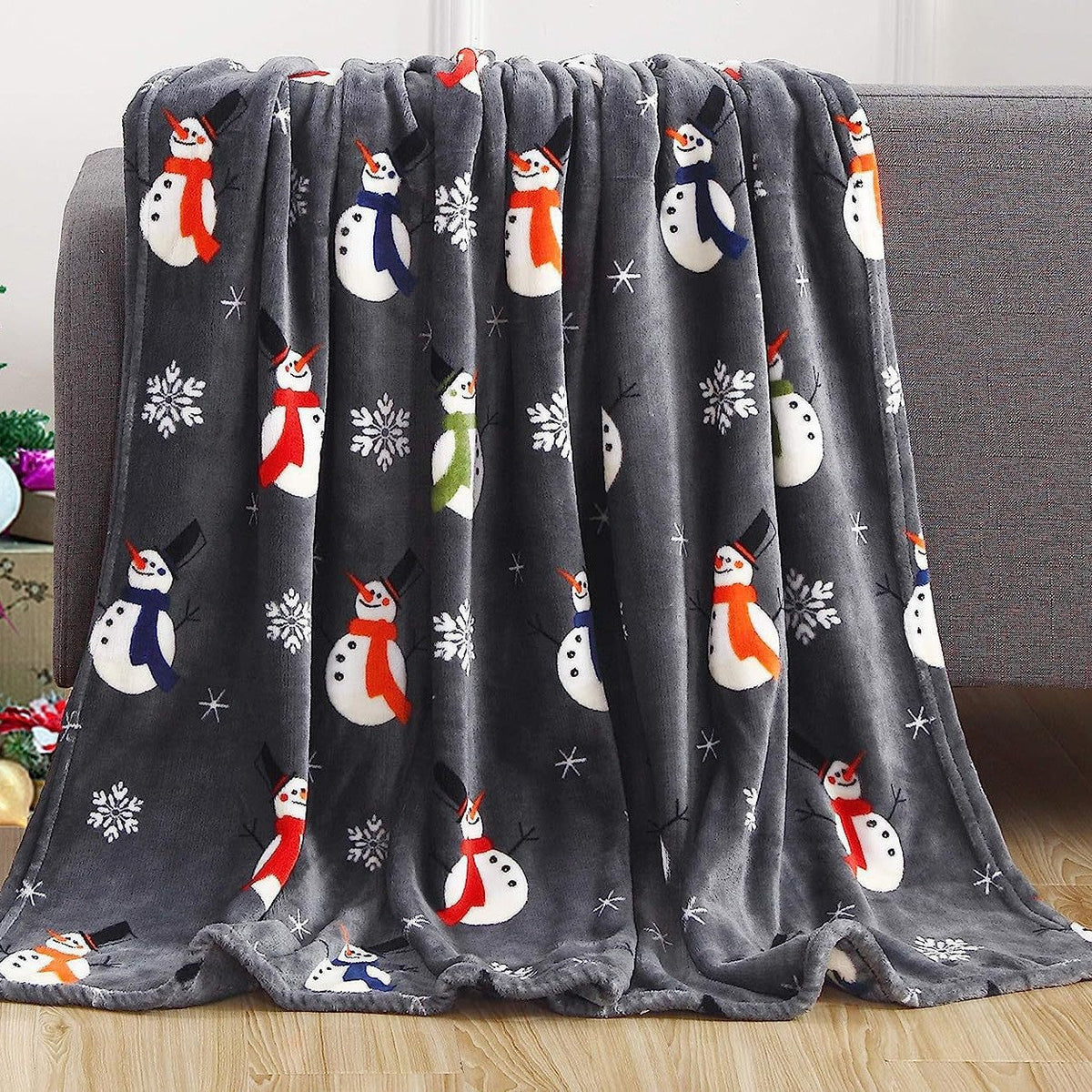 Santa and Snowman Plush Fleece Blanket in Blue | Soft Christmas Throw for Family Movie Nights | Two Sizes Available