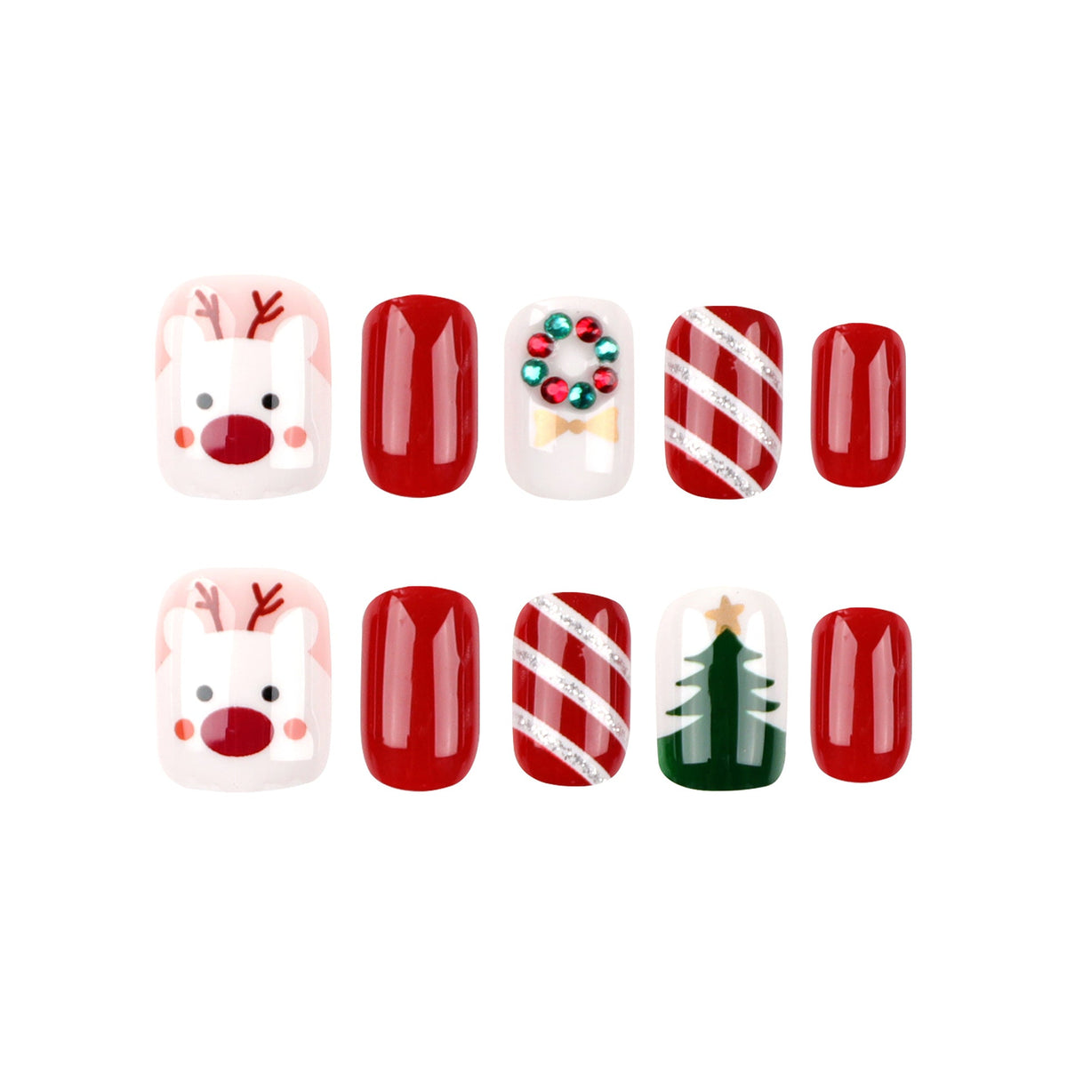 Christmas Nail Designs with Trees and Garlands | Press On Fake Nails in Pink | Glossy Xmas Manicure for Festive Parties