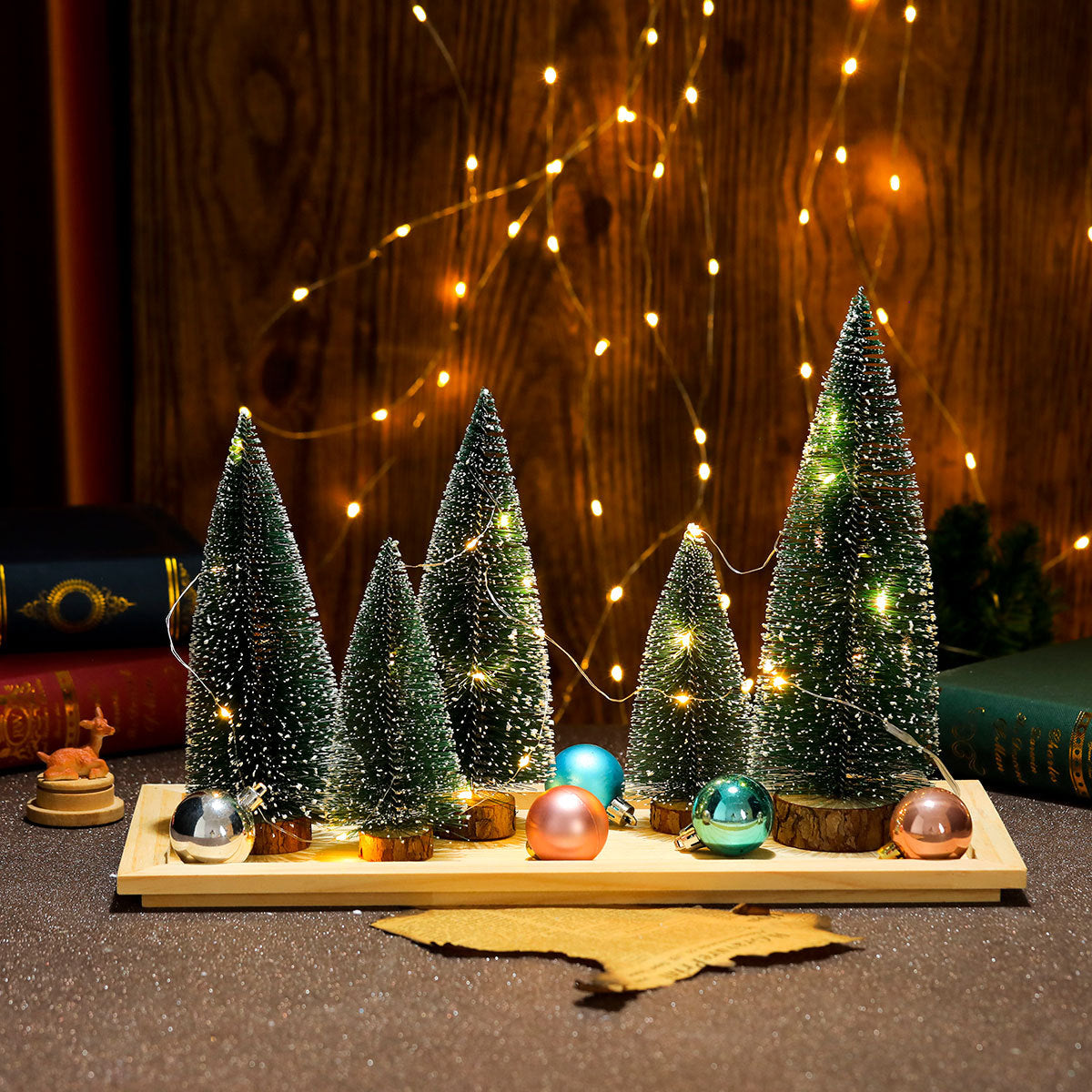Mini Christmas Tree Set of Five with Warm White Lights | Natural Wood Base | Tabletop and Mantel Holiday Decorations